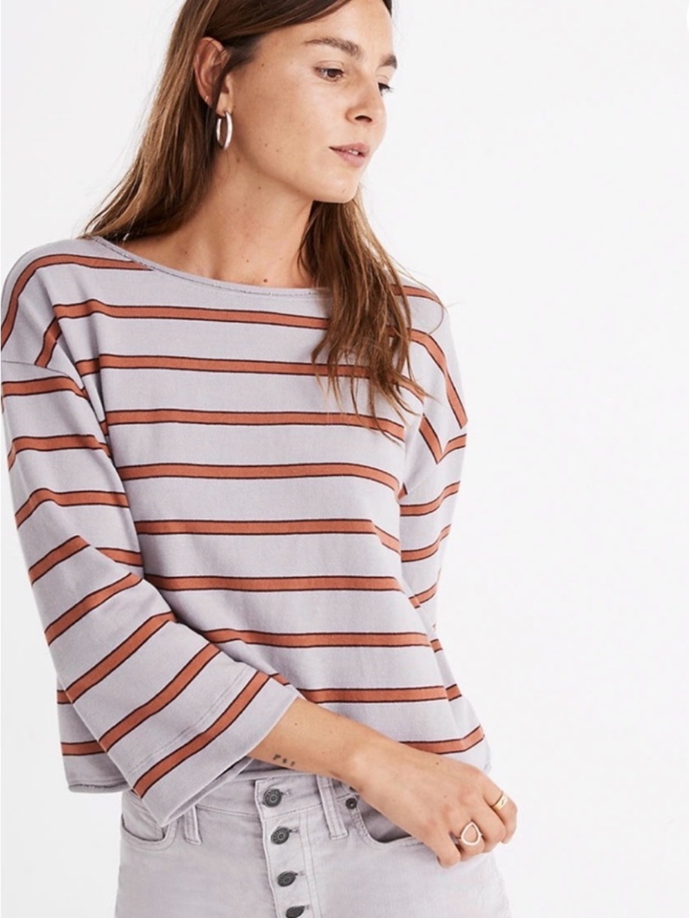 Madewell Lavender Boatneck Sweatshirt with Rust Stripes